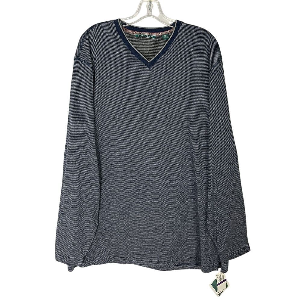 cubavera Long Sleeve V Neck Tee, Blue Striped T- Shirt Size‎ XXL Cotton